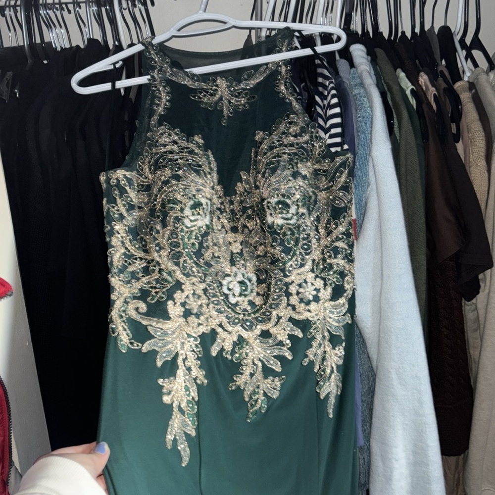 Xscape Teal and Gold Prom Dress - Picture 11 of 12